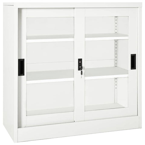 vidaXL White Steel Filing Cabinet with Sliding Doors & Adjustable Shelves - Secure Office Storage Cabinet with Lock System, 35.4"x15.7"x35.4"