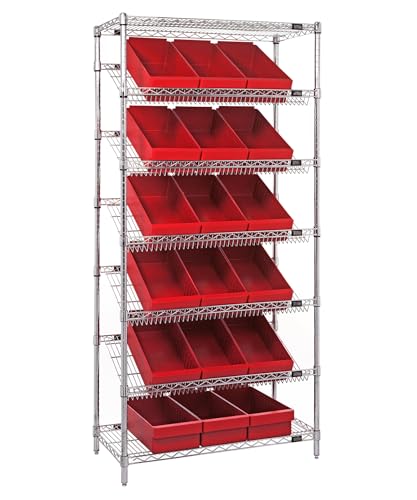 Quantum Storage Systems WRS-7-606RD Wire Slanted 7 Shelves 18 Super Tuff Euro Red Bins 74" H x 36" W x 18" D