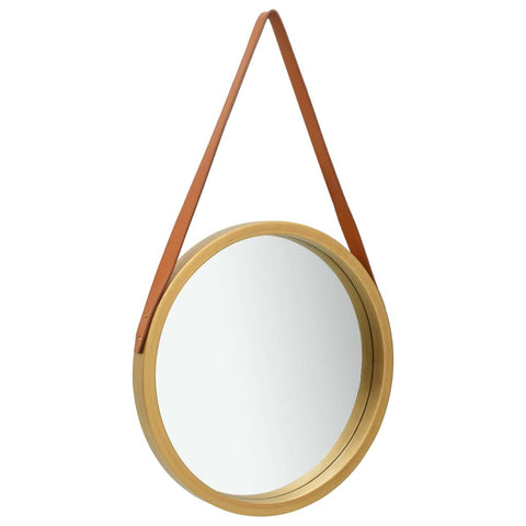 vidaXL 15.7" Round Wall Mirror with Adjustable Faux Leather S - Gold Frame, Paulownia Wood, Perfect for Bathrooms, Bedrooms, and Living Spaces