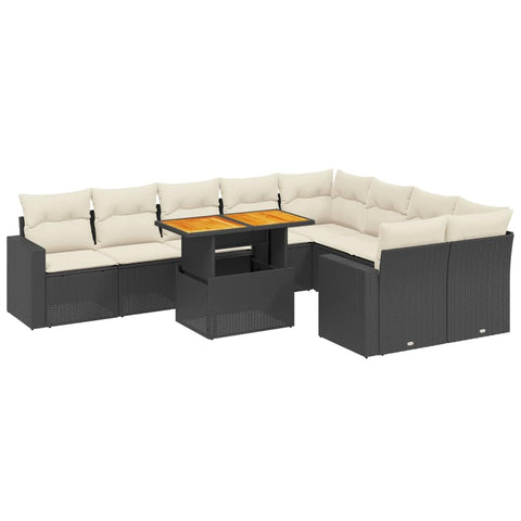 vidaXL 10 Piece Modular Garden Sofa Set with Cushions Black and Cream Outdoor Rattan Furniture UV Resistant Acacia Wood Adjustable Dining Seating Patio Poly Lounge Conversation Arrangement for