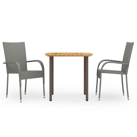 vidaXL 3-Piece Farmhouse-Style Patio Dining Set - Durable Poly Rattan in Gray - Includes Solid Acacia Wood Table and Stackable Chairs