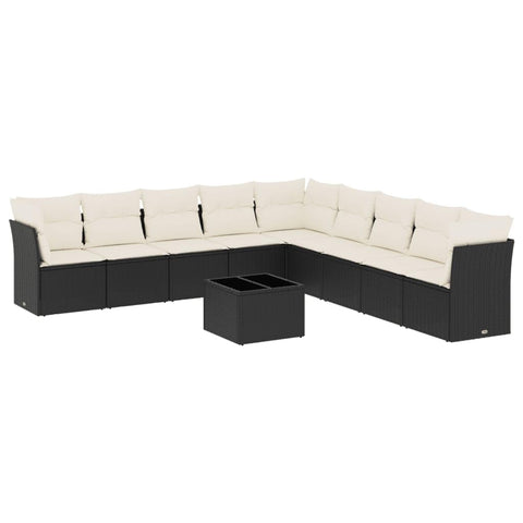 vidaXL Patio Sofa Set with Cushions 10 Piece, Sectional Sofa with Glass Table, Outdoor Conversation Set, Modern Style, Black Poly Rattan