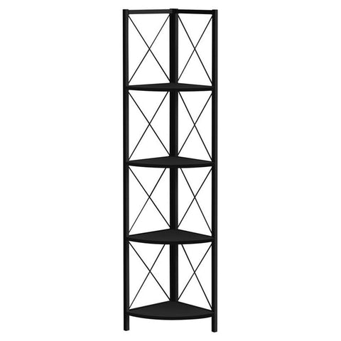 Bookshelf, Bookcase, Etagere, Corner, 4 Tier, 60"H, Office, Bedroom, Black Laminate, Black Metal, Contemporary, Modern