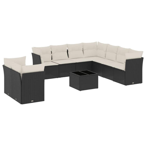 vidaXL Patio Sofa Set with Cushions 10 Piece, Sectional Sofa with Glass Table, Outdoor Conversation Set, Modern Style, Black Poly Rattan