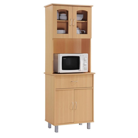 HODEDAH IMPORT Long Standing Kitchen Cabinet with Top & Bottom Enclosed Cabinet Space, One Drawer, Large Open Space for Microwave, Beech