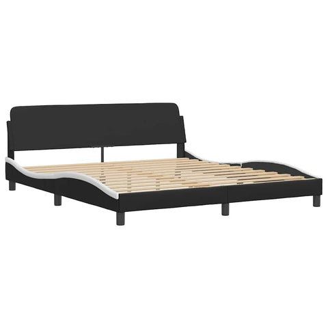 vidaXL Double Bed Frame - Black/White Waved Faux Leather with Headboard, Sturdy Plywood Slats, Chic Bedroom Furniture - 72"x83.9" Mattress Compatible