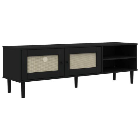 vidaXL SENJA Black Solid Pine TV Cabinet with Rattan Finish - Ample Storage Space, UV Varnish-Coated, ic Home Decor, for Living Room and Bedroom