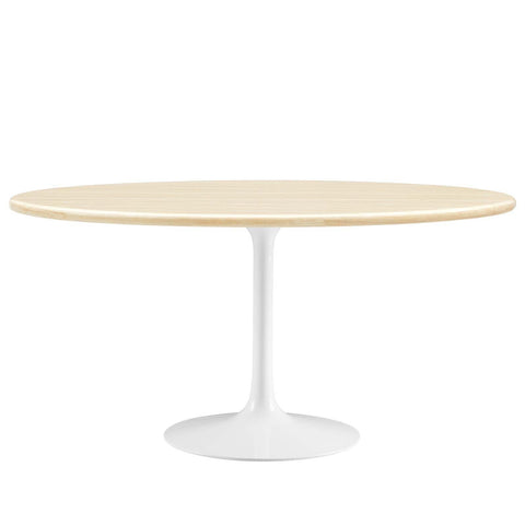 Modway Lippa 60” Oval Artificial Travertine Dining Table with Tapered, Metal Base, White Traventine