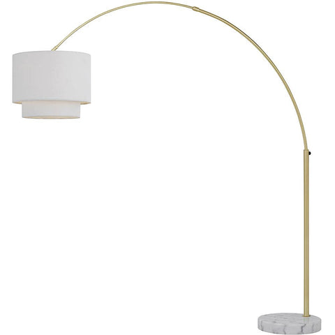 AF Lighting Arched Adjustable Plug-in Floor Lamp with Online Foot Switch, 2-Tiered Fabric Shade, and Marble Base for Home or Office in Brushed Gold