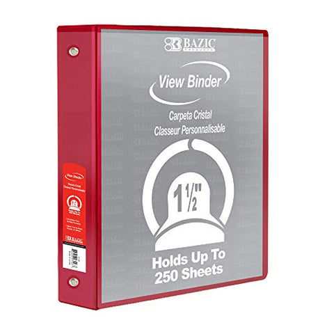 BAZIC Products 3 Ring Binder - Red, Economy View Binder with Clear Overlay Cover and Round Rings, Organizer for School Office Home Use, 1.5-inch Capacity Holds 250 Sheets Paper, 1-Pack