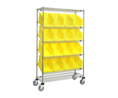 Quantum Storage Systems WRCSL6-74-1848-260YL Wire Slanted Wheels 6 Shelves 16 Ultra Stack & Hang Yellow Bins 80" H x 48" W x 18" D