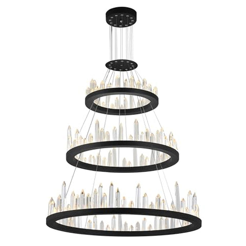 Juliette 32in Black LED Chandelier with Crystal Prisms – Modern Geometric Flush Mount Ceiling Light Fixture – Integrated LED Lighting for Dining Room, Living Room, or Entryway