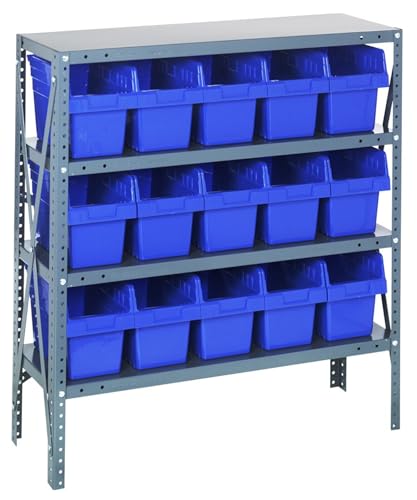 Quantum Storage Systems 1839-SB804BL Solid Heavy Duty 4 Shelves 15 STORE-MAX Blue Bins 39" H x 36" W x 18" D