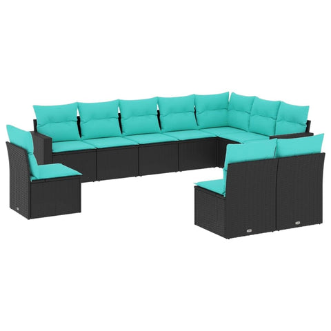 vidaXL Patio Sofa Set with Cushions, 10-Piece Black Poly Rattan Outdoor Furniture, Modular Design, UV-, Washable Covers