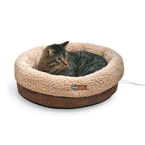 K&H Pet Products Heated Cat Bed Indoor, Thermo-Snuggle Cup Bomber Soft Heated Pet Bed for Large Indoor Cats and Small Dogs, Machine Washable, Waterproof Heated Pad, Safety Listed - 18x14in Chocolate