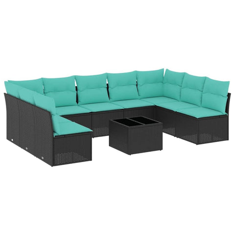 vidaXL Patio Sofa Set with Cushions 10 Piece, Sectional Sofa with Glass Table, Outdoor Conversation Set, Modern Style, Black Poly Rattan