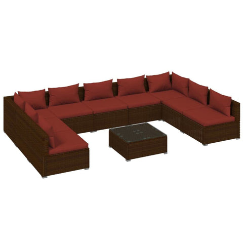 vidaXL Patio Lounge Set 10 Piece, Patio Furniture Set for Outdoor Garden, Sectional Sofa with Cushions, Corner Sofa, Poly Rattan Brown