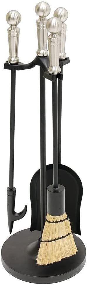 Oakestry Holden 3-Piece Mini Fireplace Stove Tool Set Satin Nickel Cast Iron Indoor Outdoor Fireside Accessories Fire Place Tool Set Holder Stand Hearth Accessories Set