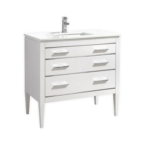 Oakestry Eiffel 36 Inch High Gloss White Freestanding Modern Bathroom Vanity with White Quartz Countertop Undermount Sink and Soft Close Drawer