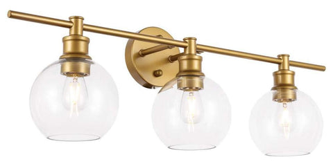 Living District Collier Industrial Mid-Century Modern 3 Light Entryway and Bathroom Wall Sconce in Brass and Clear Glass