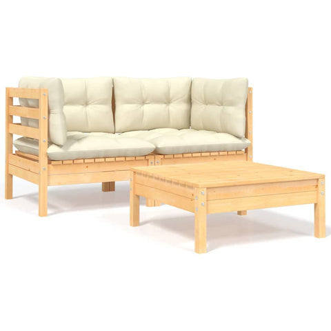 vidaXL 3 Piece Patio Lounge Set - Cream Cushions - Solid Pinewood - Corner Sofa & Footstool/Table - Outdoor Garden Lounge - 25"x25"x24.6"