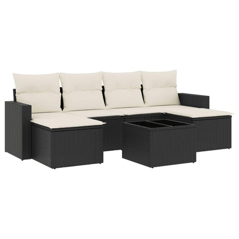 vidaXL Patio Sofa Set with Cushions 7 Piece, Sectional Sofa with Glass Table, Outdoor Conversation Set, Patio Furniture, Black Poly Rattan