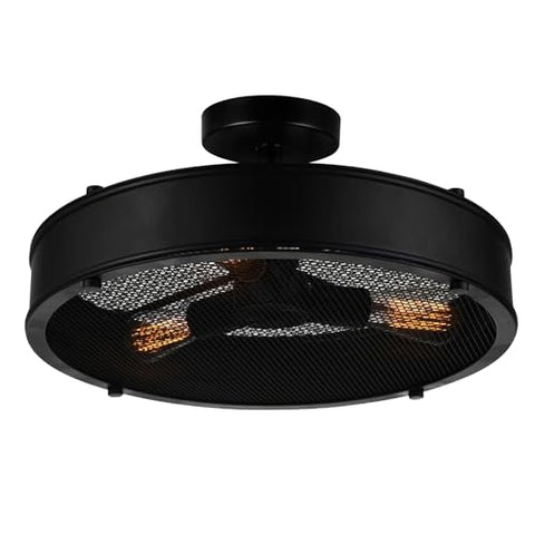 CWI Lighting Tigris 3 Light Flush Mount Ceiling Light – Black Metal Drum Shade with Mesh, Semi-Flush Mount Fixture for Hallway, Kitchen, Bedroom