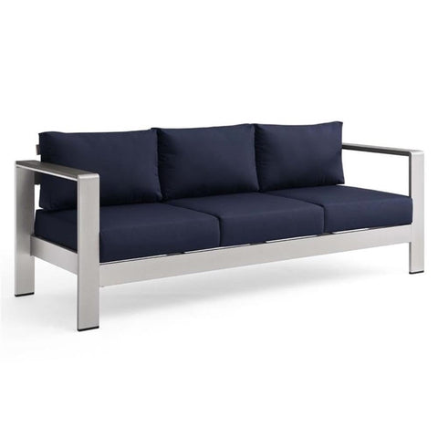 Modway Shore Outdoor Patio Aluminum and Fabric Sofa in Silver/Navy
