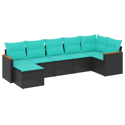 vidaXL 7 Piece Black Poly Rattan Patio Sofa Set with Blue Cushions - Outdoor Modular Garden Furniture for Terrace, Backyard, Deck