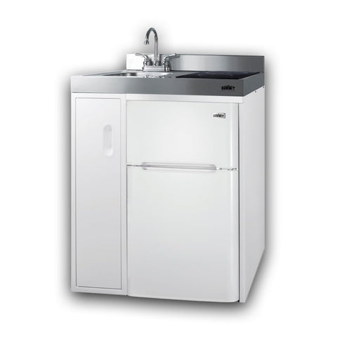 30inch wide all-in-one kitchenette with 2-burner 115V induction cooktop refrigerator-freezer sink and storage cabinet