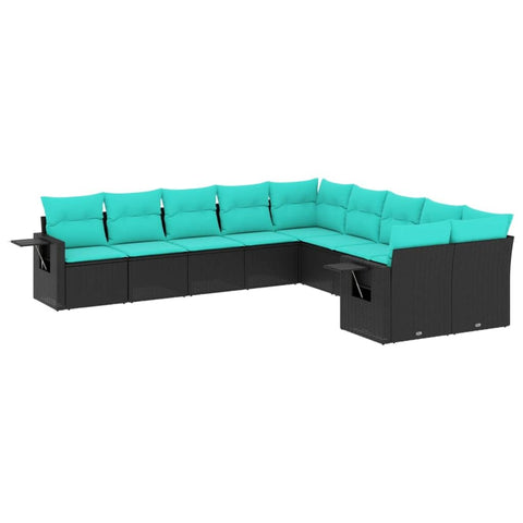vidaXL Patio Sofa Set - 10 Piece Modular Outdoor Furniture with Cushions, Black Poly Rattan, Blue Cushions, Foldable Side Tables