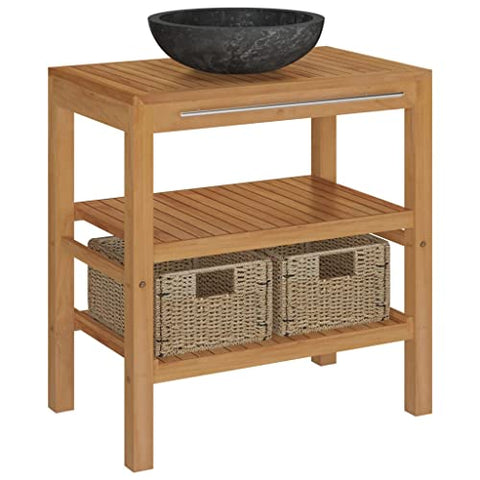 vidaXL Modern Bathroom Vanity Cabinet with Handmade Black Marble Sink, Solid Teak Construction, Includes Baskets and Handrail for Hanging, Easy to Clean