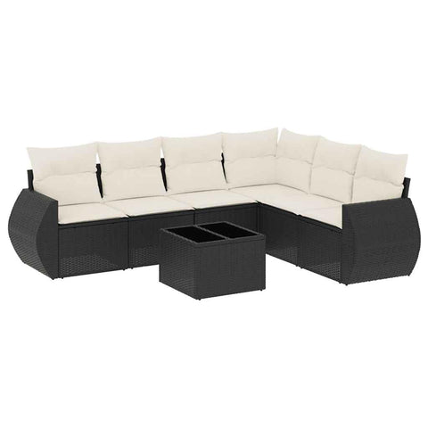 vidaXL Patio Sofa Set with Cushions 7 Piece, Sectional Sofa with Glass Table, Outdoor Conversation Set, Modern Style, Black Poly Rattan