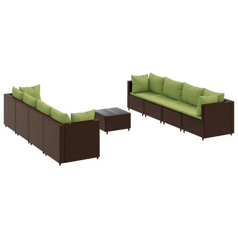 vidaXL 9 Piece Patio Lounge Set with Cushions - Modular Brown PE Rattan Outdoor Furniture for Garden, Terrace, Deck, Backyard - Includes Tempered Glass Coffee Table