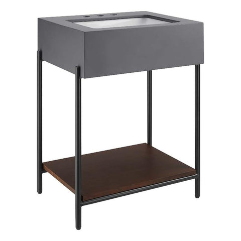 Modway Etch 24 Inch Bathroom Vanity With Sink in Black White - Concrete Top Single Sink Vanity With Acacia Wood Open Shelf - Freestanding Bathroom Vanity With Ceramic Sink Basin