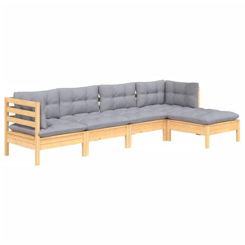 vidaXL Solid Pinewood Patio Lounge Set 5 Piece with Gray Cushions Garden Outdoor Lawn Yard Terrace Balcony Wooden Seat Seating Furniture
