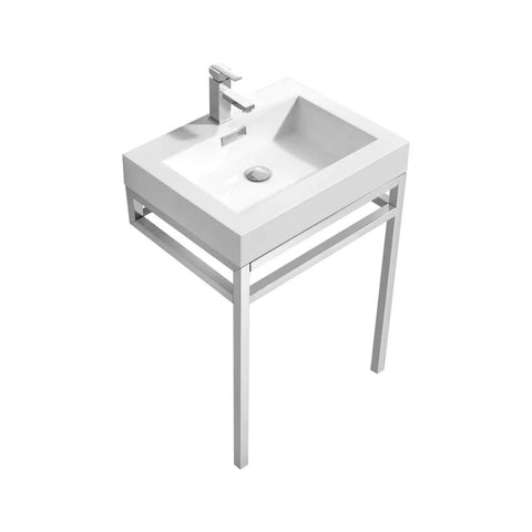 Oakestry Haus 24-Inch Stainless Steel Bathroom Console Sink Wall Mount Vanity With White Acrylic Sink and Chrome Stand Modern Compact Sink for Small Bathrooms
