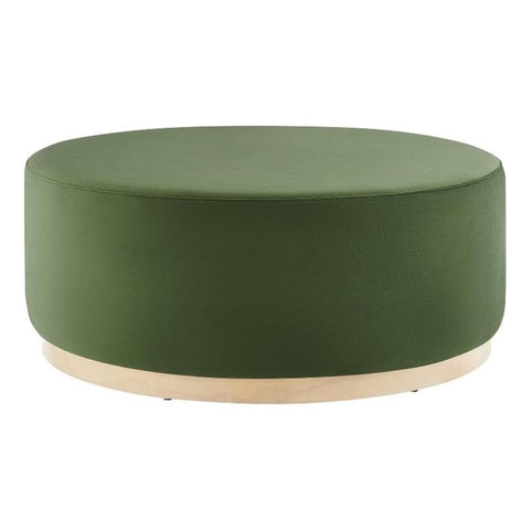 Modway Tilden 38 Inch Round Performance Velvet Upholstered Ottoman in Moss Green Natural - Round Ottoman Coffee Table for Living Room, Large Ottoman Foot Rest with Rubberwood Plinth Base