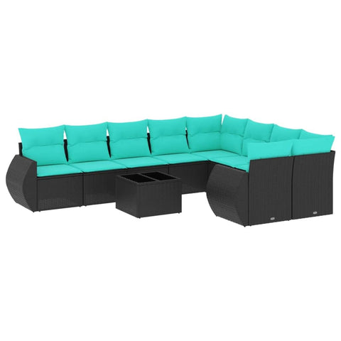vidaXL Patio Sofa Set with Cushions 10 Piece, Sectional Sofa with Glass Table, Outdoor Conversation Set, Modern Style, Black Poly Rattan