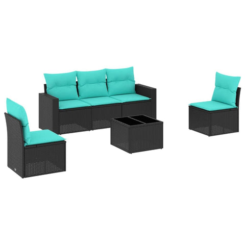 vidaXL Patio Sofa Set with Cushions 6 Piece, Sectional Sofa with Glass Table, Outdoor Conversation Set, Patio Furniture, Black Poly Rattan