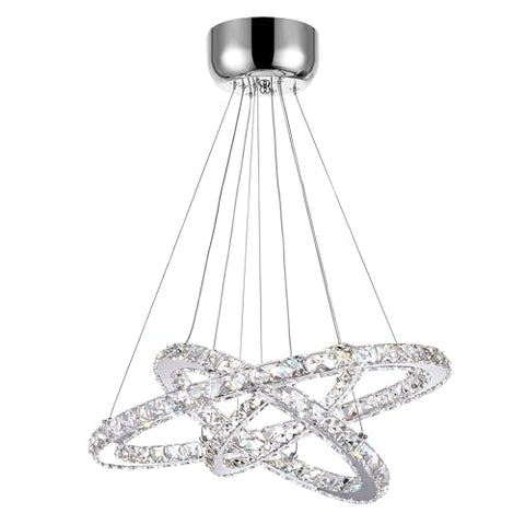 Ring 20-Inch LED Chandelier – Modern Triple Halo Crystal Pendant Light in Polished Chrome for Dining Room, Living Room, Bedroom, or Entryway