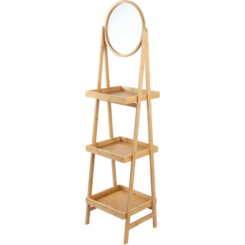 Oakestry 3-Tier Bamboo Shelf Rack with Mirror Freestanding Storage Organizer for Bathroom Bedroom Entryway Natural Wood Display Stand for Towels Toiletries Plants and Accessories