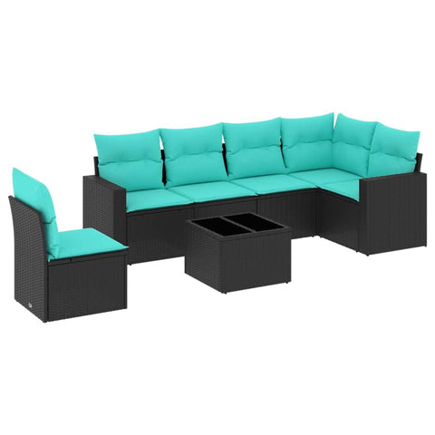vidaXL Patio Sofa Set with Cushions 7 Piece, Sectional Sofa with Glass Table, Outdoor Conversation Set, Patio Furniture, Black Poly Rattan