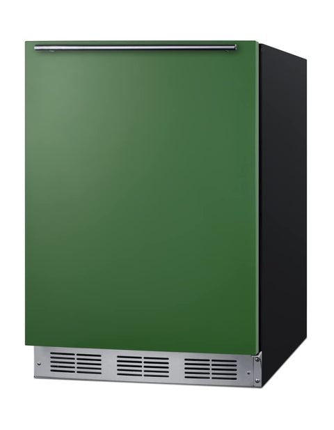 ADA height 24 refrigerator-freezer for residential use with emerald green door stainless steel handle and black cabinet