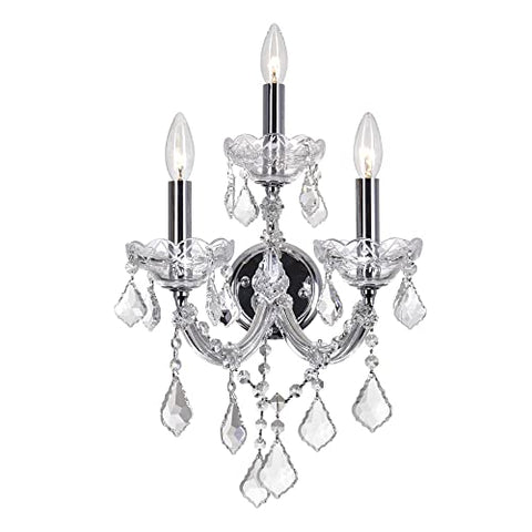 CWI Lighting Maria Theresa 3-Light Wall Sconce – 12 Inch Chrome Finish with Crystal Accents – Elegant Candle-Style Wall Light for Bedroom, Living Room, Hallway