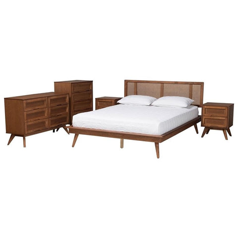 Baxton Studio Nura Walnut Brown Wood and Rattan Full Size 5-Piece Bedroom Set