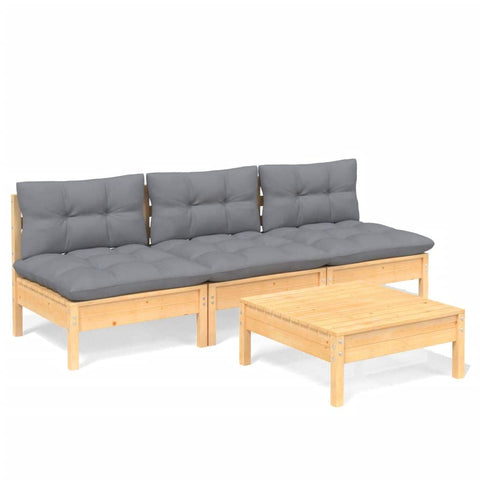 vidaXL Solid Pinewood Patio Lounge Set 4 Piece with Gray Cushions Garden Outdoor Lawn Yard Terrace Balcony Wooden Seat Seating Furniture