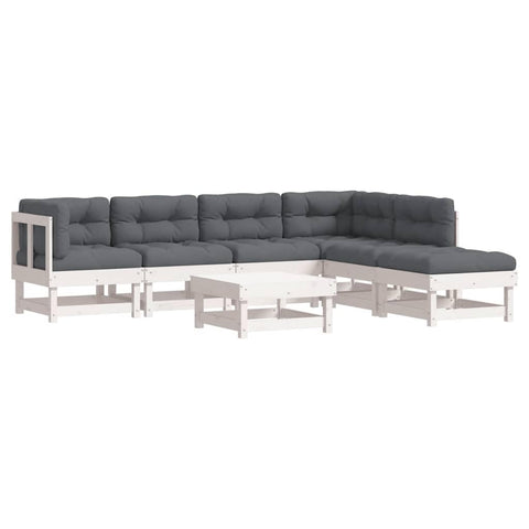 vidaXL 7-Piece Patio Lounge Set with Cushions in White Solid Pine Wood - Modular Outdoor Furniture for Garden, Patio or Terrace