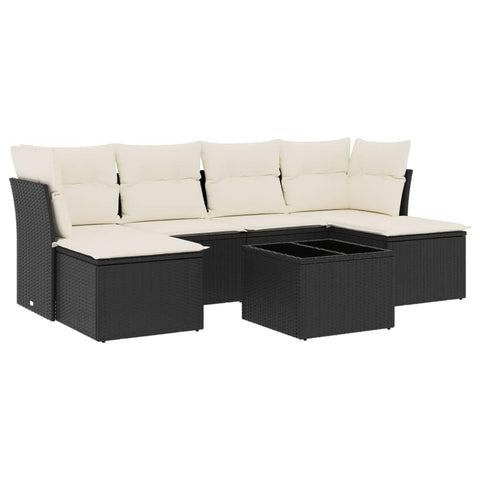 vidaXL Patio Sofa Set with Cushions 7 Piece, Sectional Sofa with Glass Table, Outdoor Conversation Set, Modern Style, Black Poly Rattan