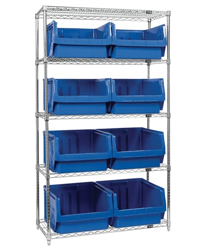 Quantum Storage Systems WR5-543BL 5-Tier Complete Wire Shelving System with 8 QMS543 Blue Magnum Bins, Chrome Finish, 18" Width x 42" Length x 74" Height
